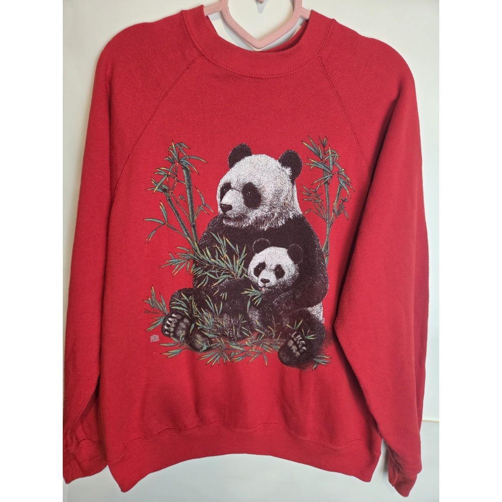 Vintage 90s Panda Mother And Cub Crewneck Sweatshirt Sz Med Nature Grannycore